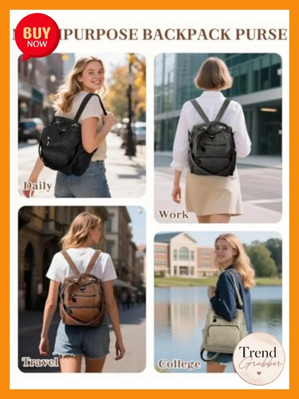 Vegan Leather Fashion Backpack Purse for Women, 3 Ways to Carry, Travel School